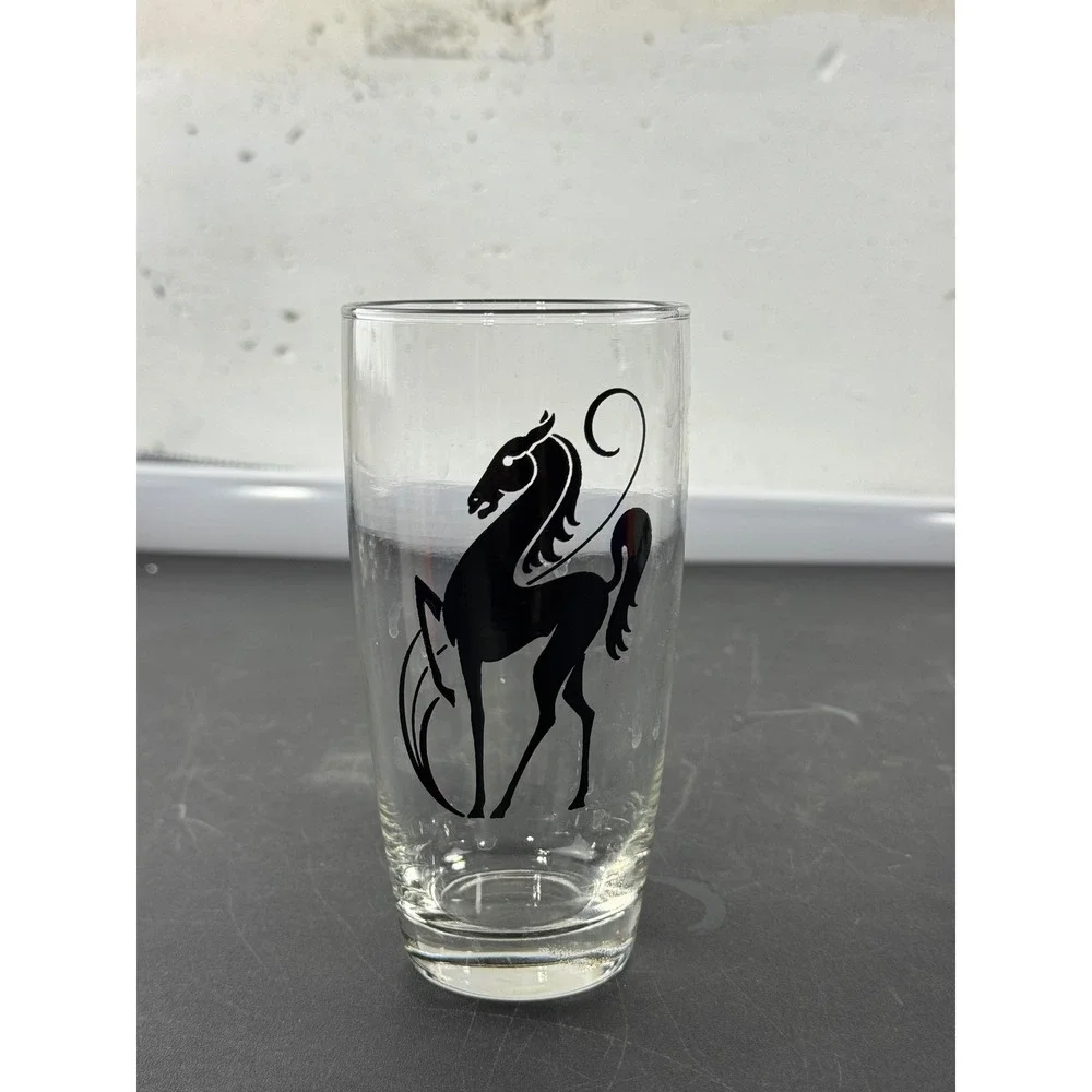 Vintage Prancing Black Horse Silhouette Clear Glass Tumblers Set of 4‎ MCM